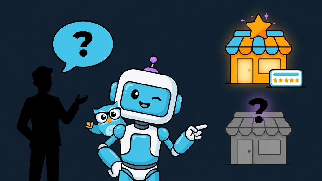 Un cliente le pregunta a un robot asistente de IA; el robot señala con una estrella una tienda iluminada y se encoge de hombros ante otra tienda apagada marcada con un signo de interrogación.