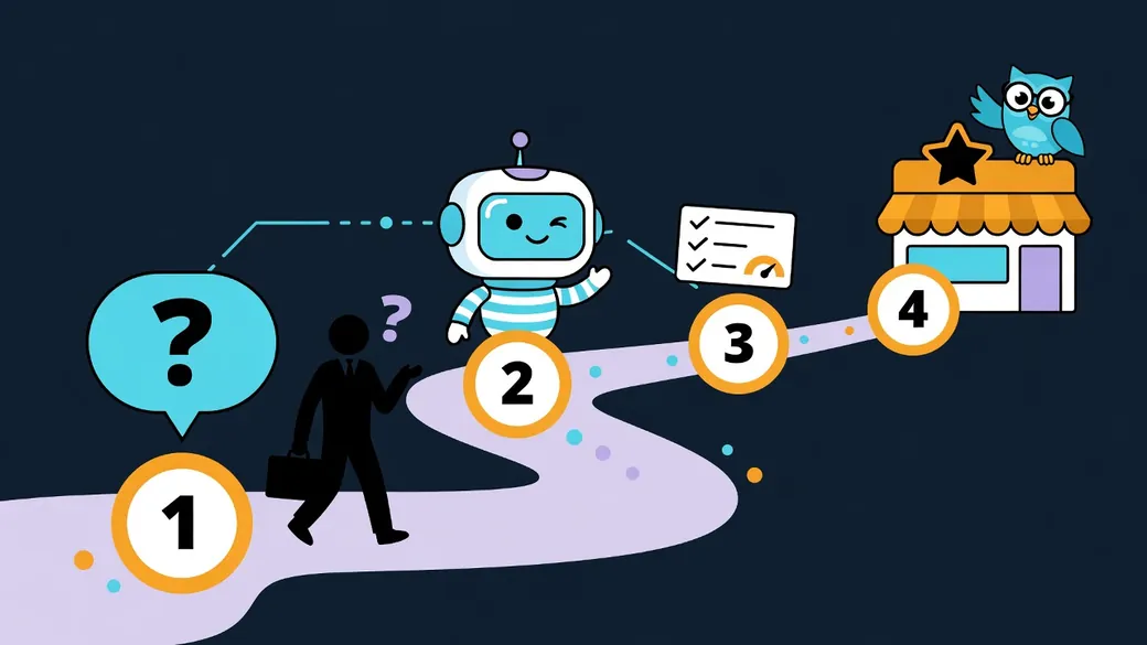 Un cliente camina por un camino con cuatro paradas numeradas del 1 al 4: una pregunta, el robot de IA, una lista corta y una tienda con estrella.