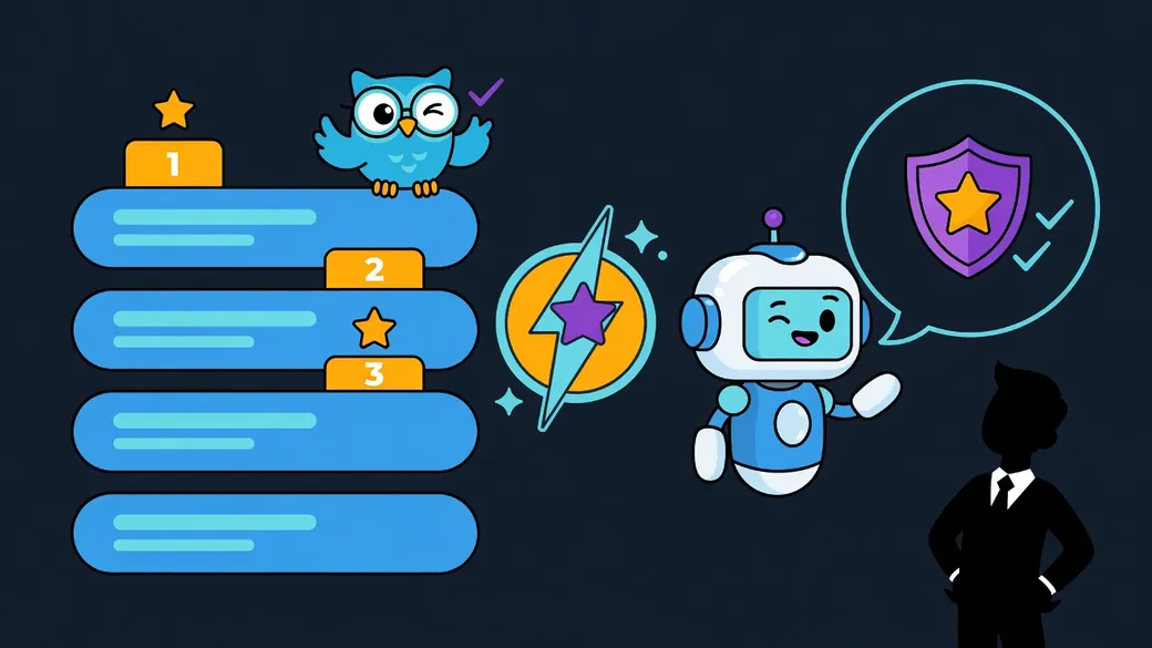 A la izquierda, una lista de resultados de búsqueda con un podio del 1 al 3; a la derecha, un robot que habla con una burbuja que contiene un escudo con estrella.