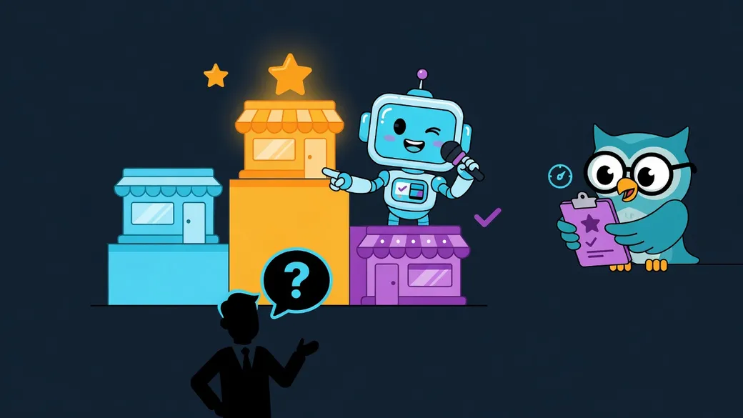 Illustration: an AI robot with a microphone presents a podium of three shops, the tallest with a star, while a silhouetted customer asks a question and an owl with glasses takes notes