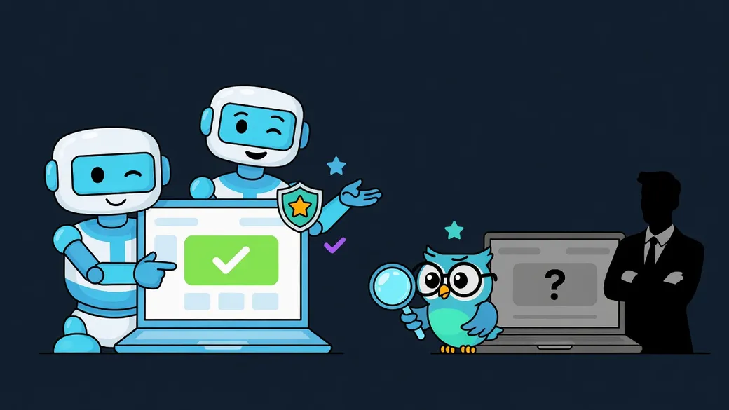 Illustration: two robots point at a website with a green check mark and a star shield; on the right, a grey computer with a question mark, an owl with a magnifying glass and a silhouetted customer with crossed arms