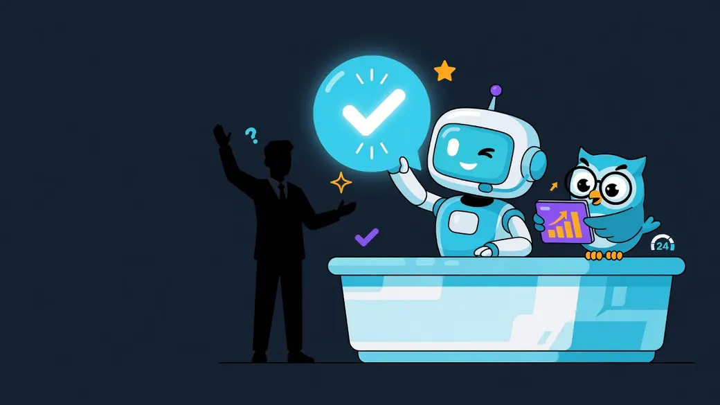 Ilustración: un robot de IA con diadema contesta un mensaje en un mostrador mientras un búho con gafas revisa una gráfica y un cliente en silueta saluda