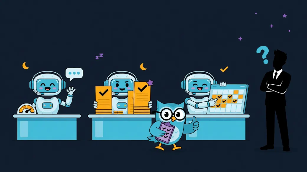 Ilustración: robots empleados en sus escritorios, uno en una llamada, otro ordenando facturas y otro con un calendario, y un búho gerente con una lista de verificación