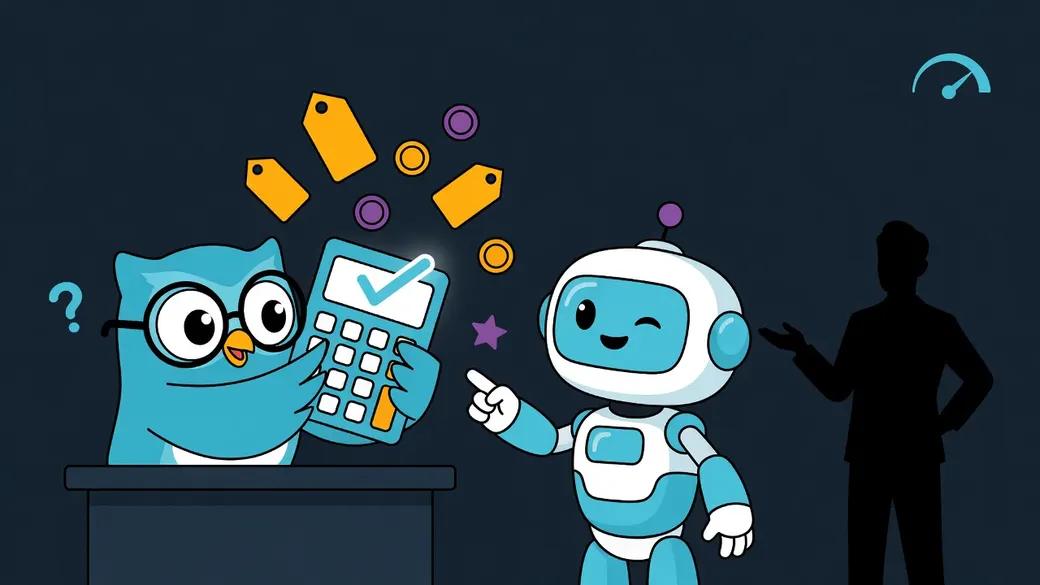 Ilustración: un búho con gafas sostiene una calculadora con una palomita mientras un robot la señala, con etiquetas de precio flotando y un cliente en silueta