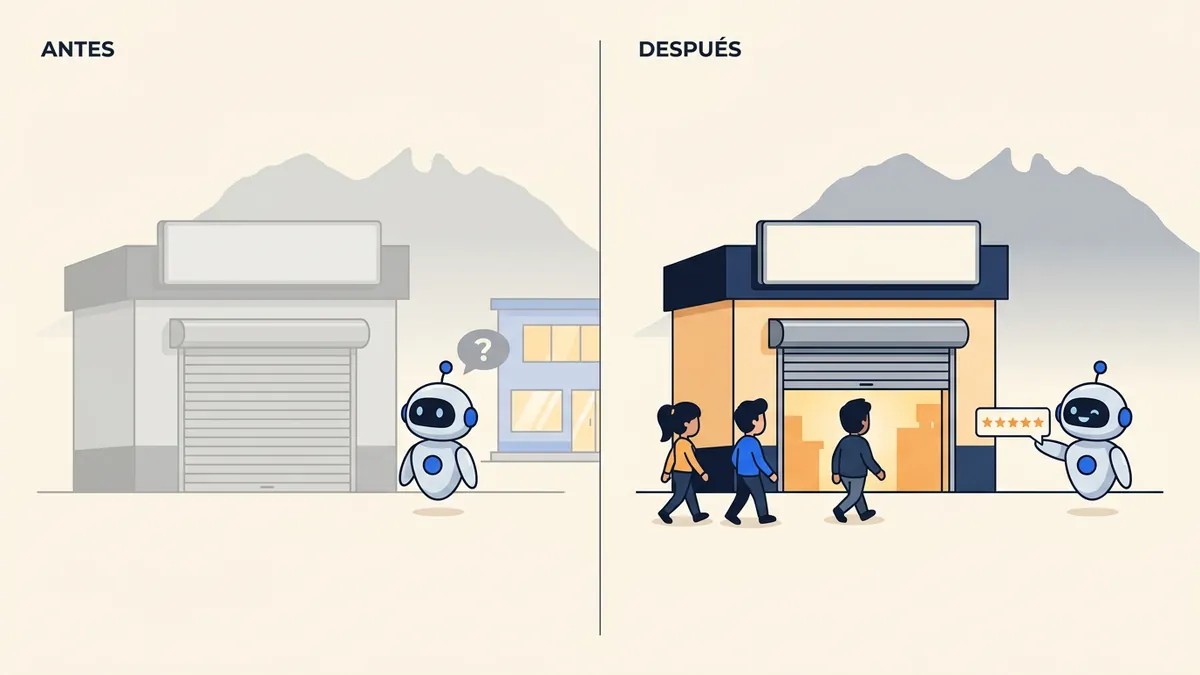 Illustration: on the left, a Monterrey business that AI doesn't recommend (gray, no customers, with a robot looking the other way); on the right, the same business recommended by AI, with customers walking in