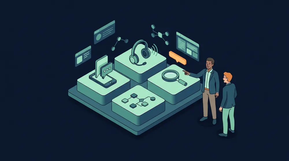 Isometric illustration of four solution modules: WhatsApp chat with AI, workflow automation, voice receptionist, and visibility in AI answers