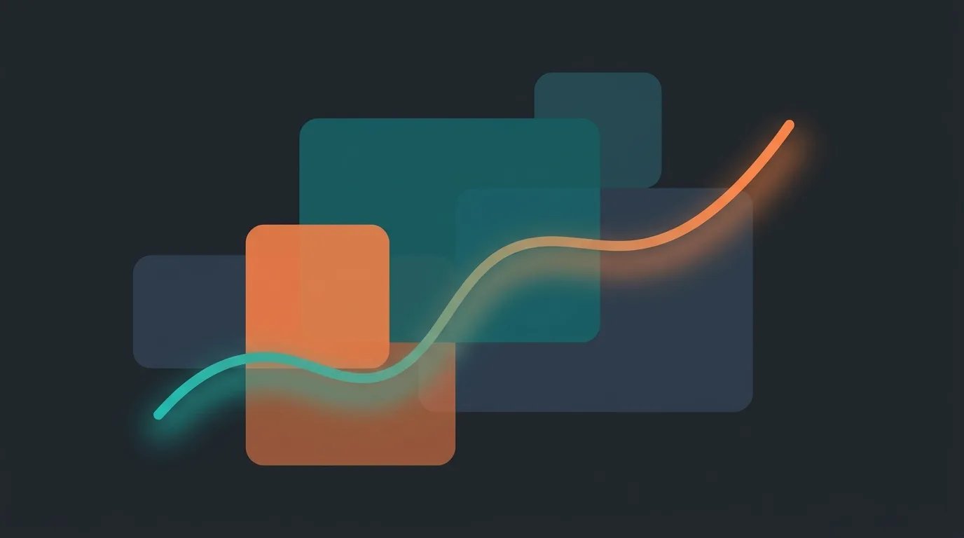 Ilustración editorial oscura con una curva de retorno de inversión ascendente en degradado teal y naranja sobre paneles geométricos abstractos.